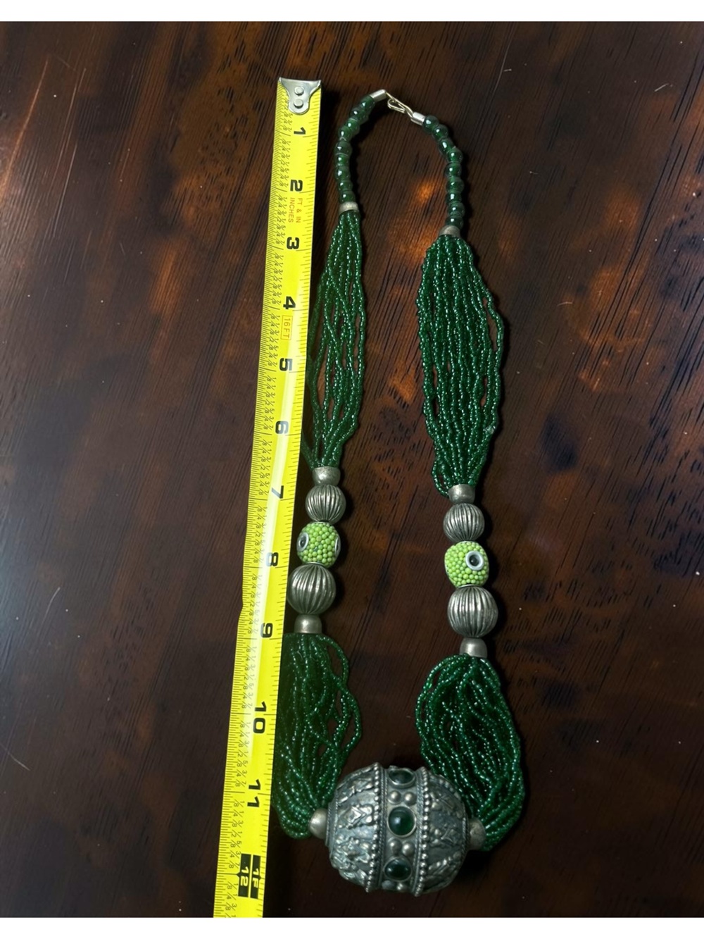 Statement Green Beaded Necklace Silver-Tone Focal Bead - Picture 4 of 4